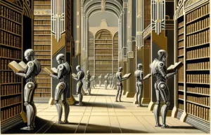 Meerdere humanoïde robots die in een grote bibliotheek boeken lezen.